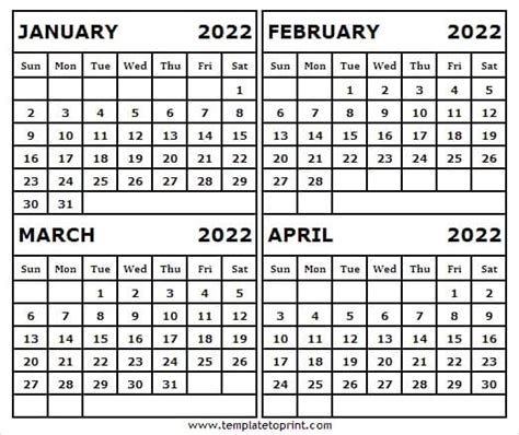 January To April 2021 Printable Calendar Free 2022 Calendar