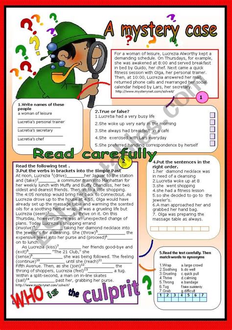 Whether it be to save the world, stop a criminal or solve a mystery, pretend to be a secret agent is tons of fun! A mystery case - ESL worksheet by patties