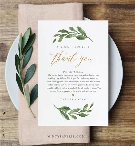 Greenery Thank You Note Template Editable Wedding In Lieu Of Etsy
