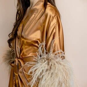 Satin Silk Bridal Robe With Detachable Ostrich Feather Trim In Etsy