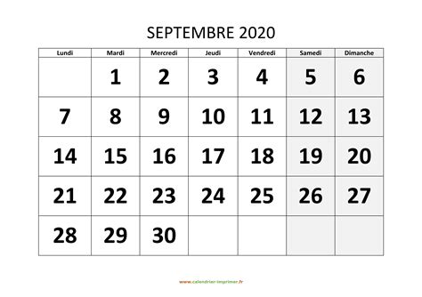 Calendrier Septembre 2020 à Imprimer
