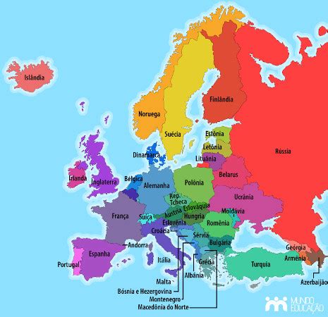 Países da Europa lista capitais mapa regiões Mundo Educação