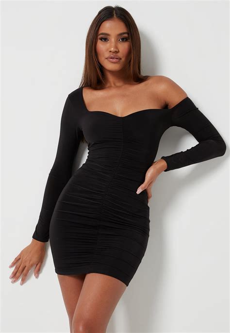 Black Slinky Off Shoulder Ruched Mini Dress Missguided