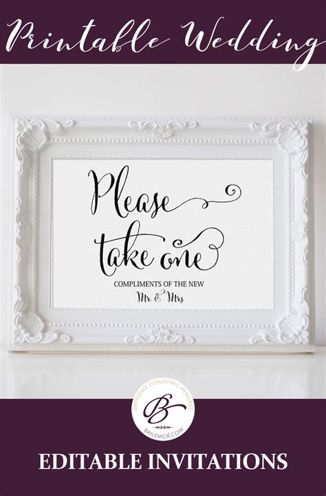 Instant Printable Favors Table Sign White Please Take One Wedding Sign
