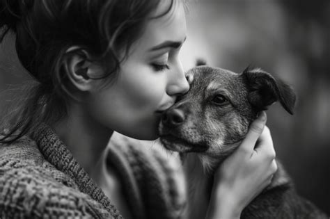 Ritratto In Bianco E Nero Di Una Donna Che Bacia Un Cane Foto Gratis