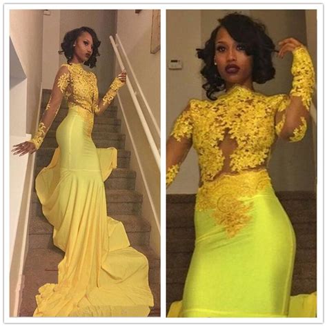 sexy african black girl yellow mermaid prom dresses 2017 court train appliques lace long sleeve