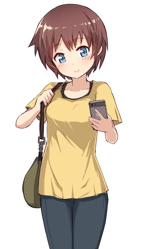 Safebooru 1girl Bad Proportions Blue Eyes Brown Hair Cellphone Fashion Nosuku Phone Short Hair