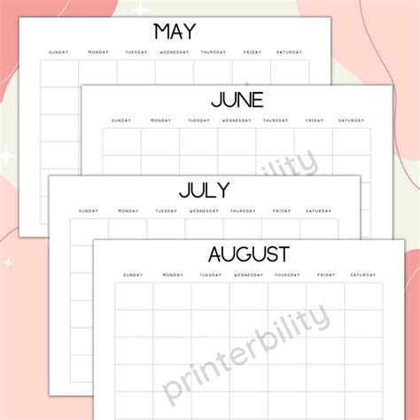 12 Month Printable Blank Calendars Simple Font Etsy