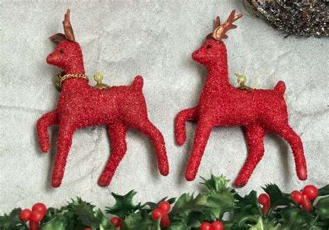 Vintage Flocked Red Reindeer Ornaments Red Reindeer Ornaments Pair Of