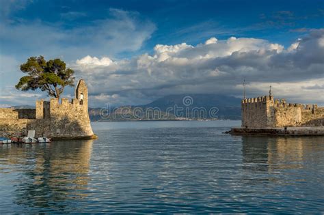 Amazing Sunset Of Fortification At The Port Of Nafpaktos Town Greece