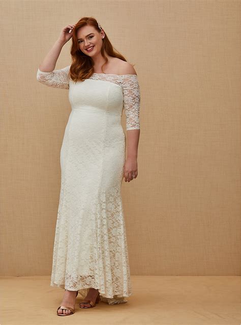Plus Size Ivory Lace Off Shoulder Fit And Flare Wedding Dress Torrid