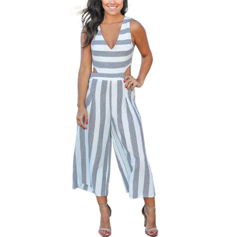 2018 Summer Womens Romper Sleeveless Striped Jumpsuit