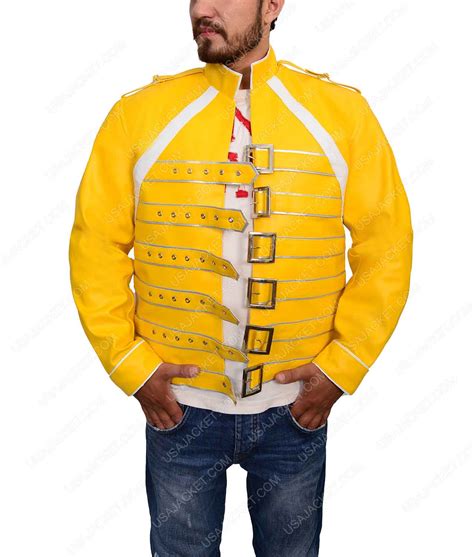 Queen Freddie Mercury Cosplay Costume Yellow Jacket Leather Coat Outfit