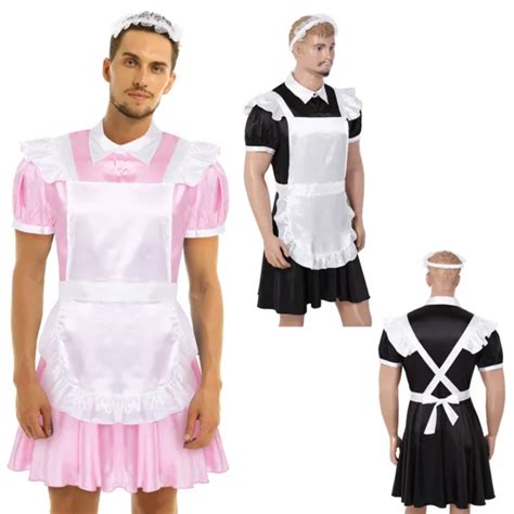 Mens Sissy Satin Frilly French Maid Adult Uniform Fancy Dress Costume