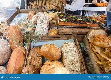 Fresh Loaves Of Bread On Display At Farmers Market Stock Photo Image