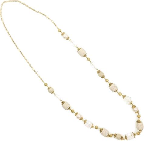 Behave Dames Lange Ketting Goud Kleur Met Witte Marmer Look Kralen 90