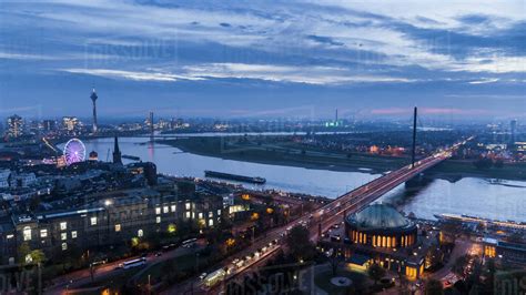 Duesseldorf Cityscape Illuminated At Dusk North Rhine Westphalia