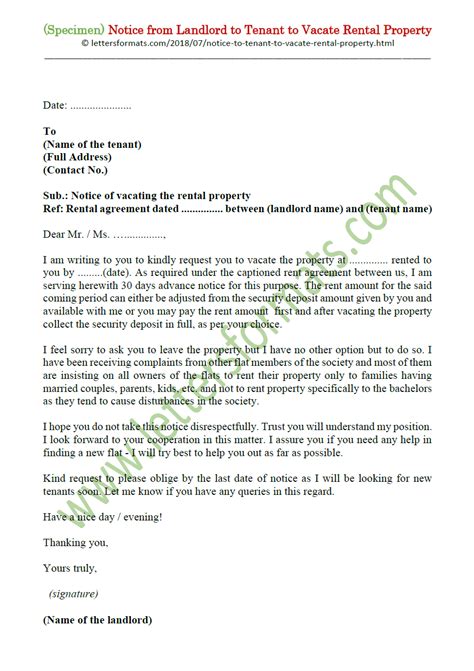 Notice Letter From Landlord To Tenant To Vacate Rental Property