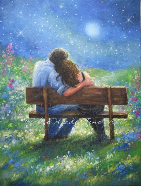 Loving Couple Art Print Lovers In Moonlight Hugging Anniversary T Starry Night Park Bench