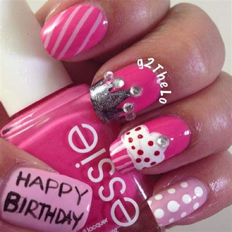 Pink Happy Birthday Nail Art Design With Cupcake And Rhinestone Stud