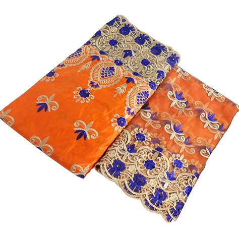 African Guinea Brocade Fabric African Bazin Riche Orange Blue Lace