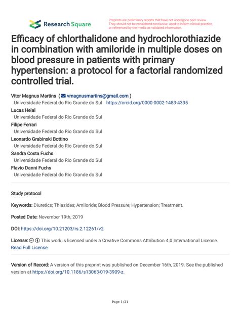 Pdf Efficacy Of Chlorthalidone And Hydrochlorothiazide In Combination With Amiloride In