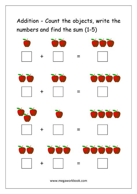 addition  objects  beginners kindergarten math worksheets