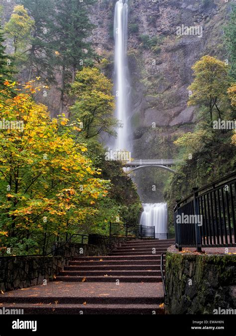 Multnomah Falls With Pathway And Fall Color Columbia River Gorge