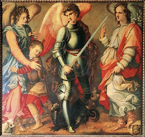 An Image Of A Painting With Angels Holding Swords