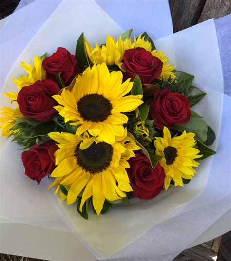 The Flower Manor Sunflowers And Red Rose Hand Held Bouquet Red Roses