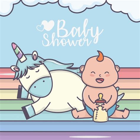 Baby Shower Happy Little Boy Cute Unicorn Rainbow Card Vector Premium