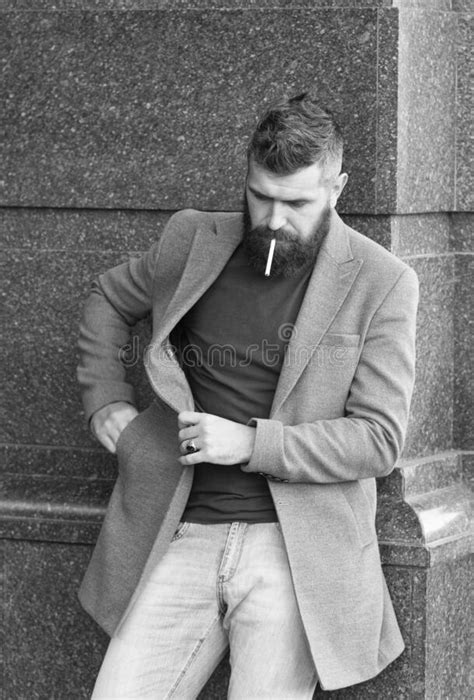Smoking Addiction Charismatic Business Man Smoking Outdoor Bearded