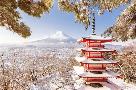 Online Crop Hd Wallpaper Winter Mountain Japan Pagoda Fuji Snow