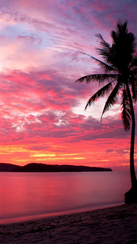 Download 1080x1920 Malaysia Sunset Beach Palms Island Red Sky