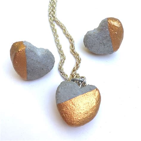 Concrete Heart Pendant And Earring Set Cement Jewelry Gold