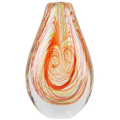 Murano 1960s Art Glass Vase With Swirls Of Orange Red Yellow And Blue Art Glass Vase Murano