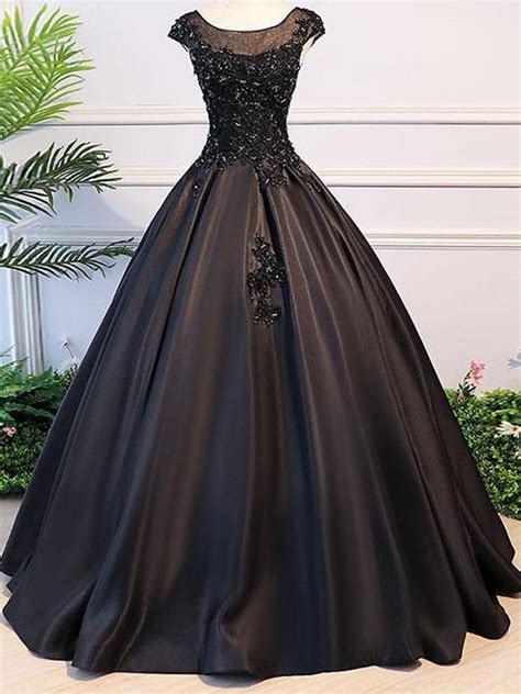 black ball gown illusion neck cap sleeves prom dress graduation ball g dolly gown