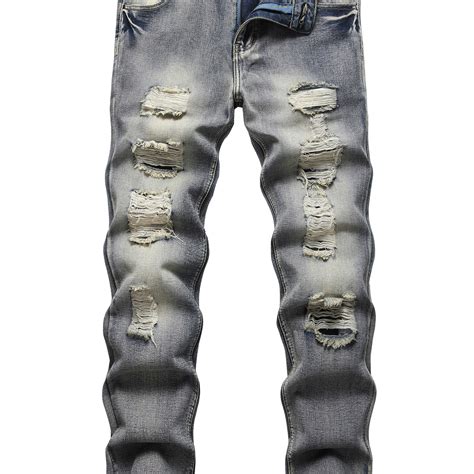 Men S Ripped Slim Fit Jeans Brown Distressed Straight Leg Fashion Denim Pants Clothing Shoes