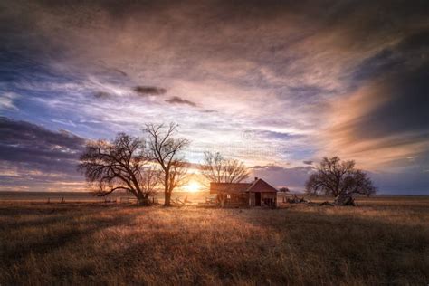 Old Farmhouse At Sunset On A Meadow Stock Photo Image Of Blue Summer