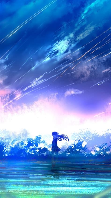 Download 480x854 Anime Girl Falling Stars Scenic Colorful Landscape