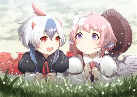 2girls Animal Ears Blue Eyes Blue Hair Bow Butterfly Clouds Flowers