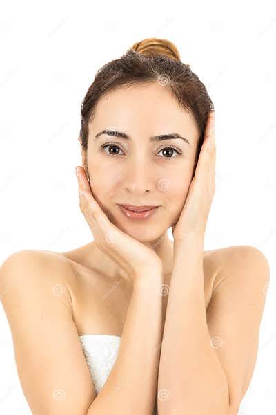 Woman Stroking Her Clean Facial Skin Stock Image Image Of Woman Smile 63913027