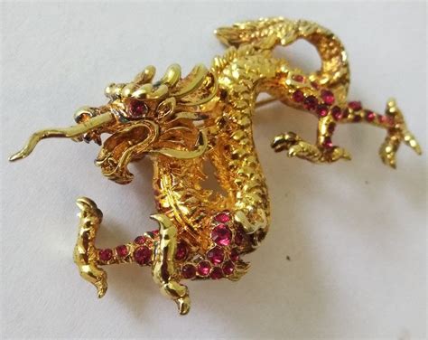 Vintage Rl Gold Red Rhinestone Dragon Brooch Pendant Fire Etsy Red
