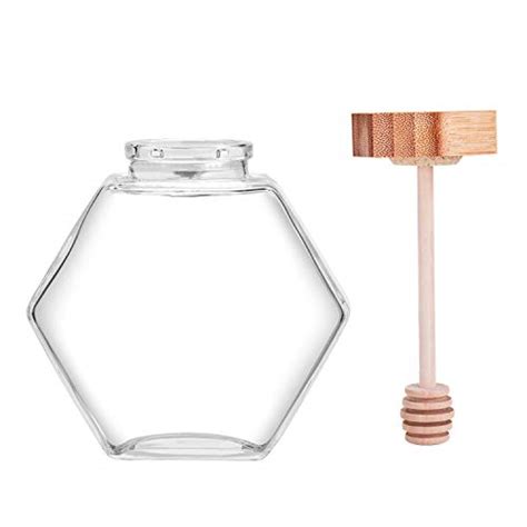 Denois Honey Pot Glass Honey Jar With Wooden Dipper And Cork Lid Cover For Home Kitchen Clear