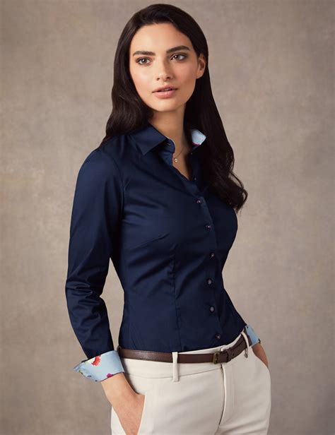 Women S Navy Stretch Fitted Shirt With Floral Printed Contrast Single Cuff Hawes And Curtis