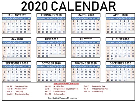 2020 Free Printable Usa Calendar Templates Pdf Calendar Dream