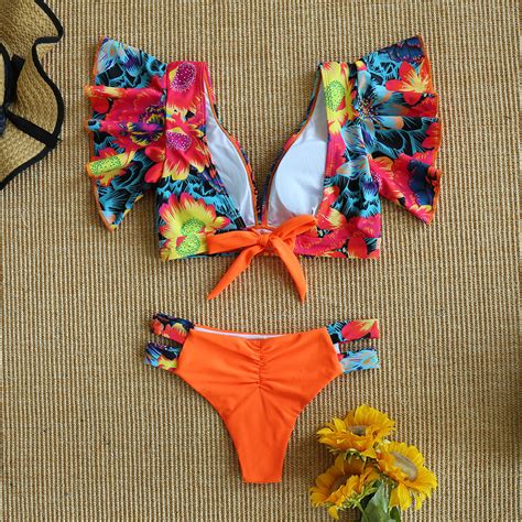 Sexy Ruffle Bikini Set 2021 New Brazilian V Neck Push Up Swimwear Women
