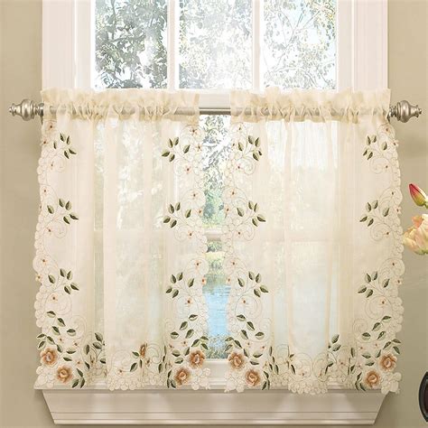 Semi Sheer Kitchen Curtain 24 Tier Swag Valance Set Rosemary Floral Embroidered 653078526578 Ebay