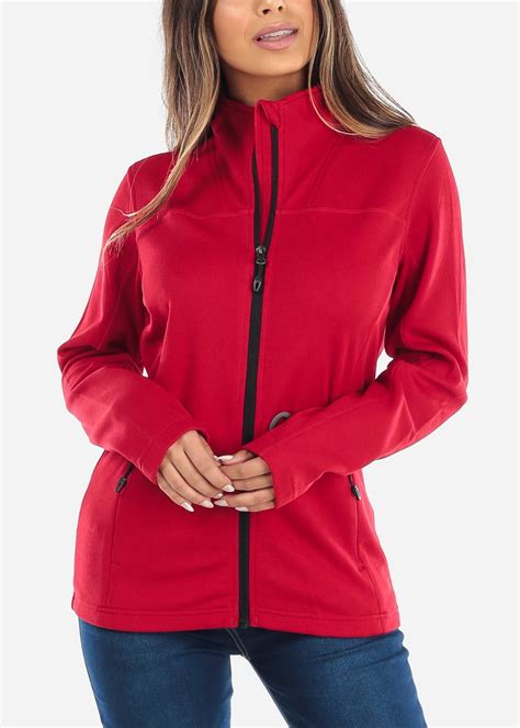 Moda Xpress Womens Long Sleeve Jacket Zip Up High Neck Workout Red Jacket 10255e