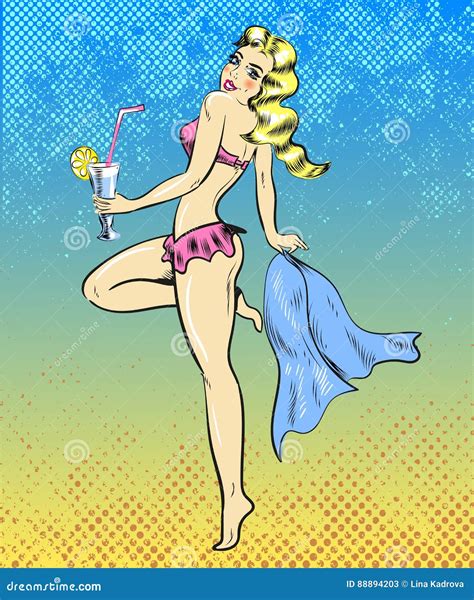 Pin Up Blond Jumping With Cocktail And Towel On Summer Beach Comic Poster Cartoon Vector
